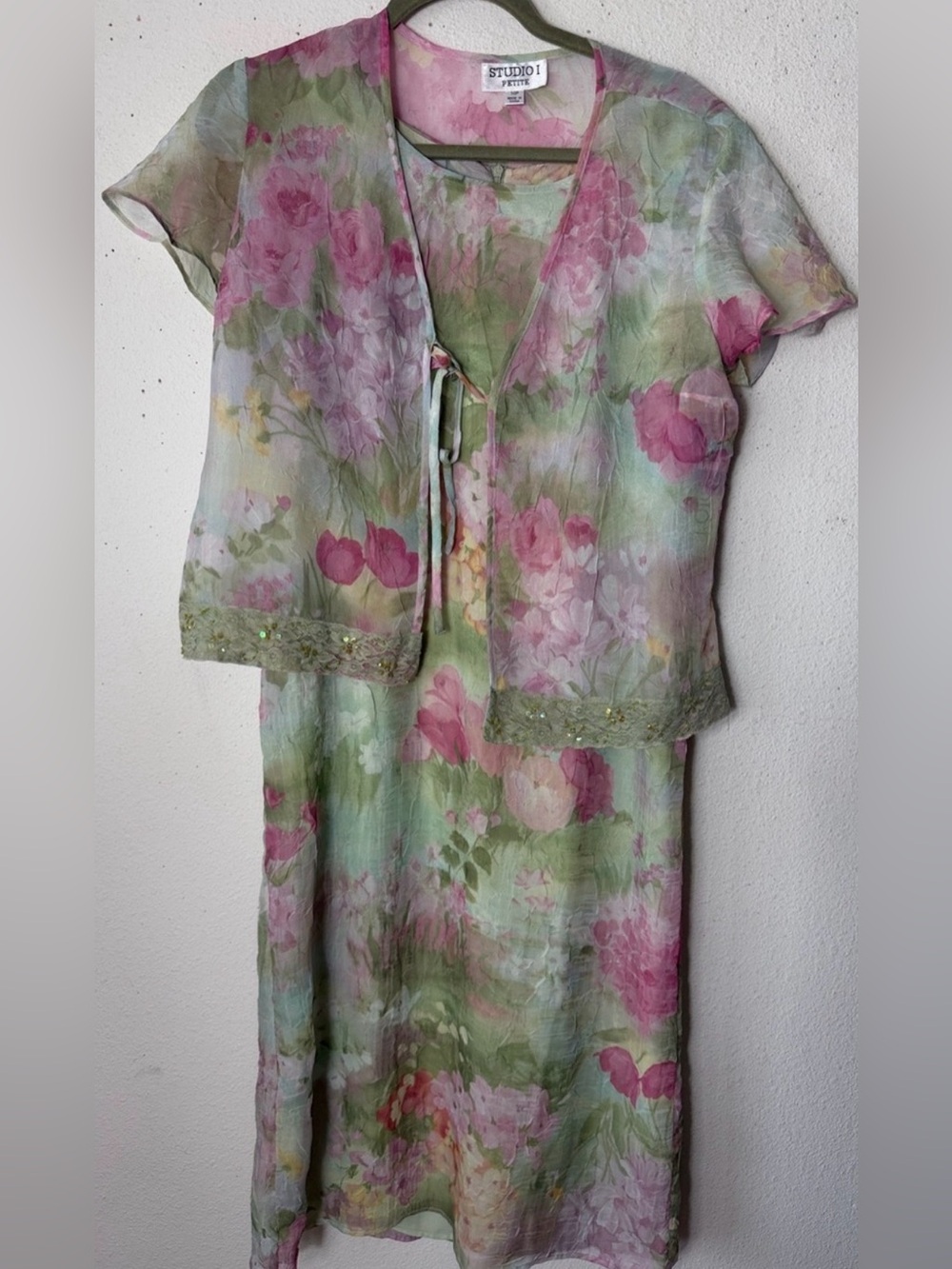Studio 17 Sheer Floral Midi Dress with Tie & Jacket in Pink & Green NWT 10p